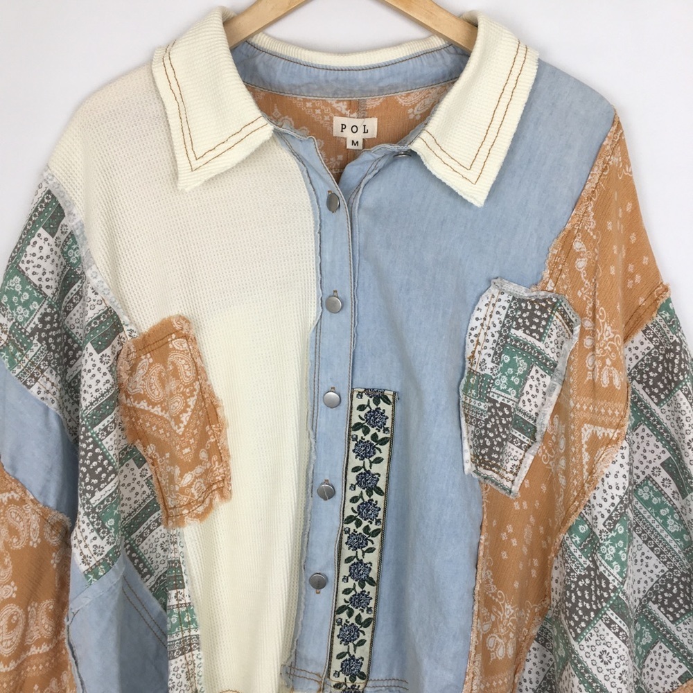 POL Light Denim Mixed Patchwork Boxy Oversized Boho Top Shacket Women’s Size M - Picture 7 of 16